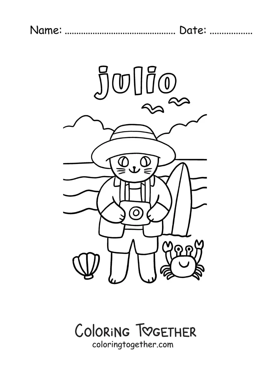 Coloring page of July with a cartoon tourist cat on the beach