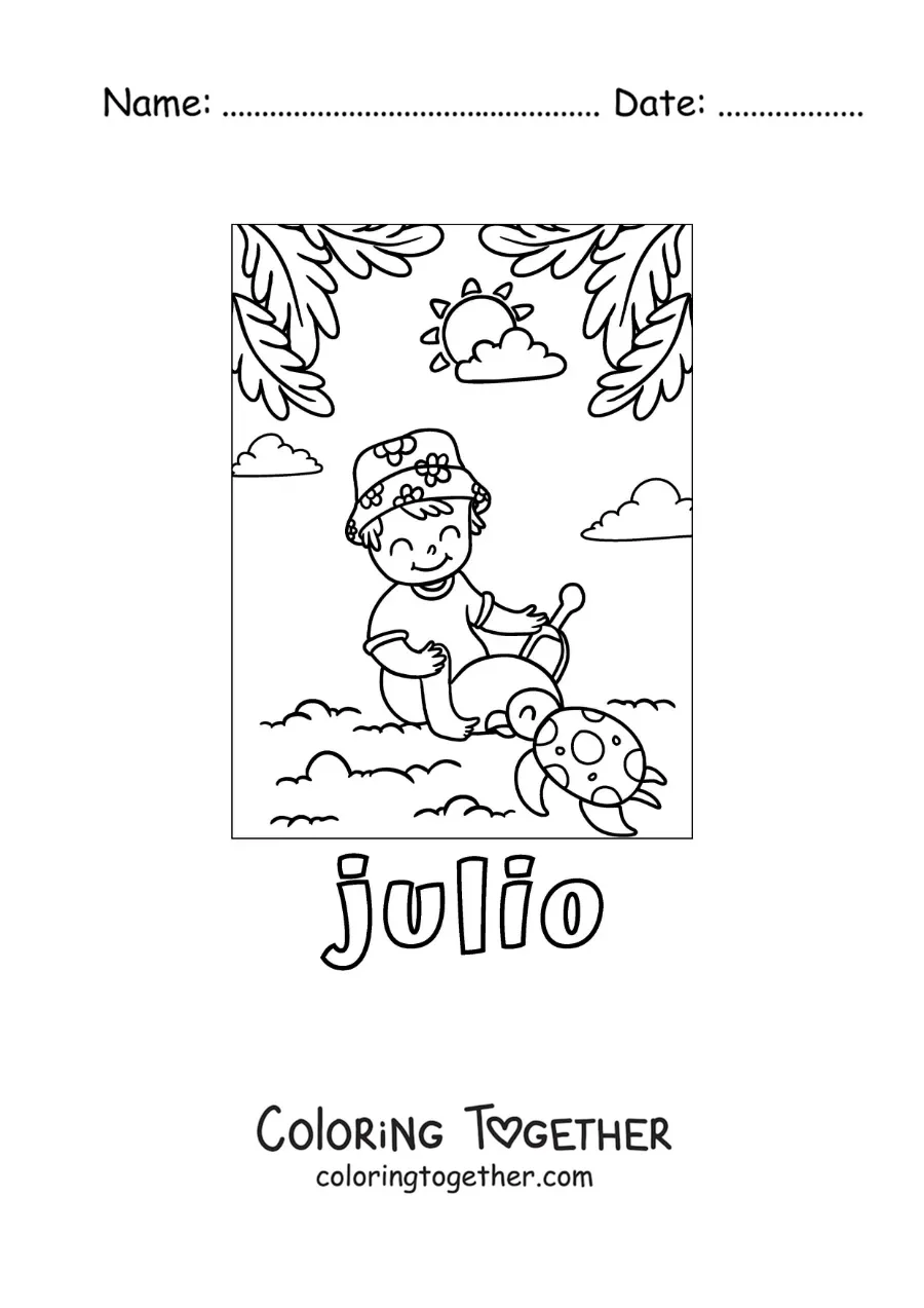 Coloring page of July with a boy on vacation playing in the sand at the beach