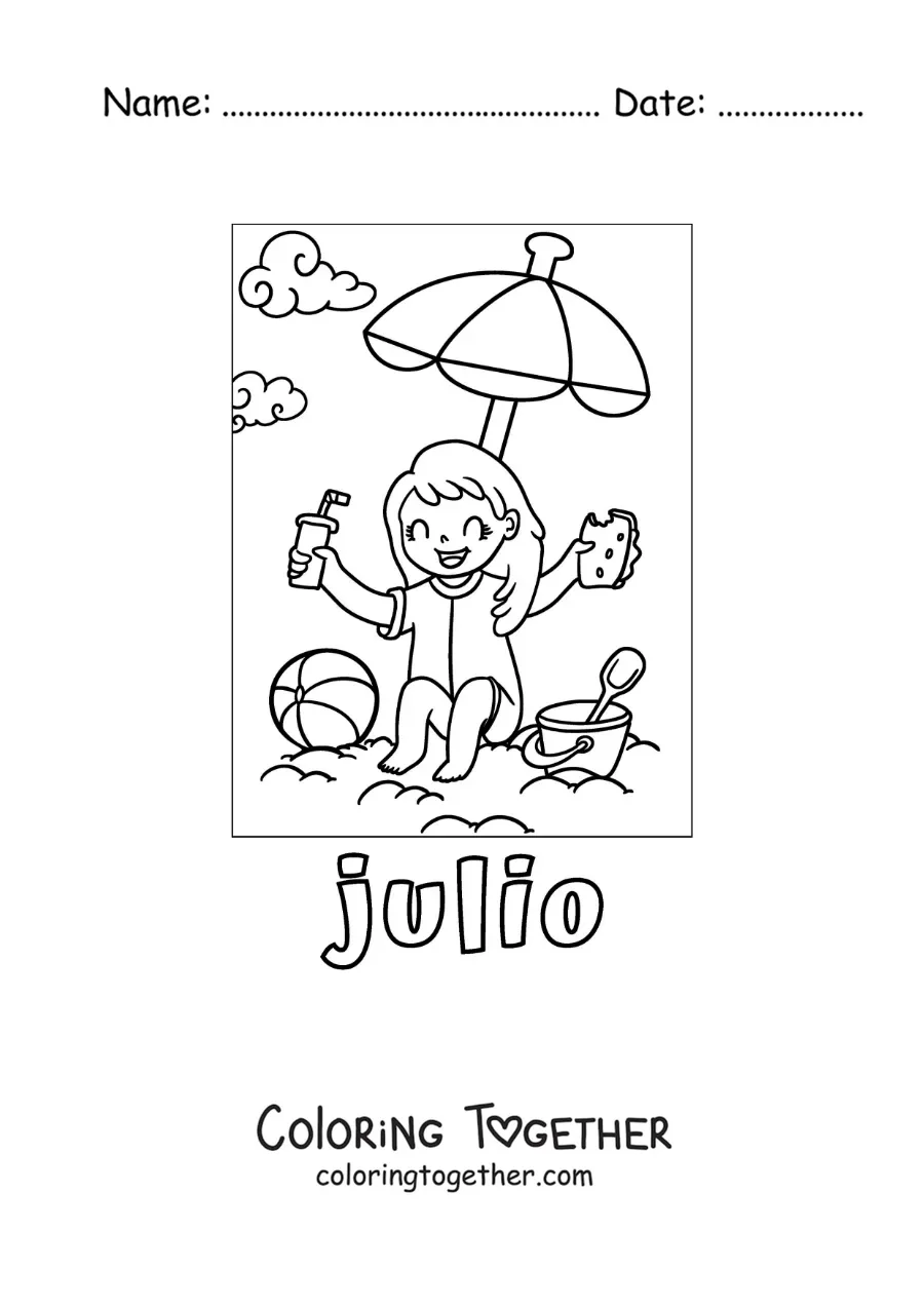 Coloring page of July with a girl on vacation eating at the beach