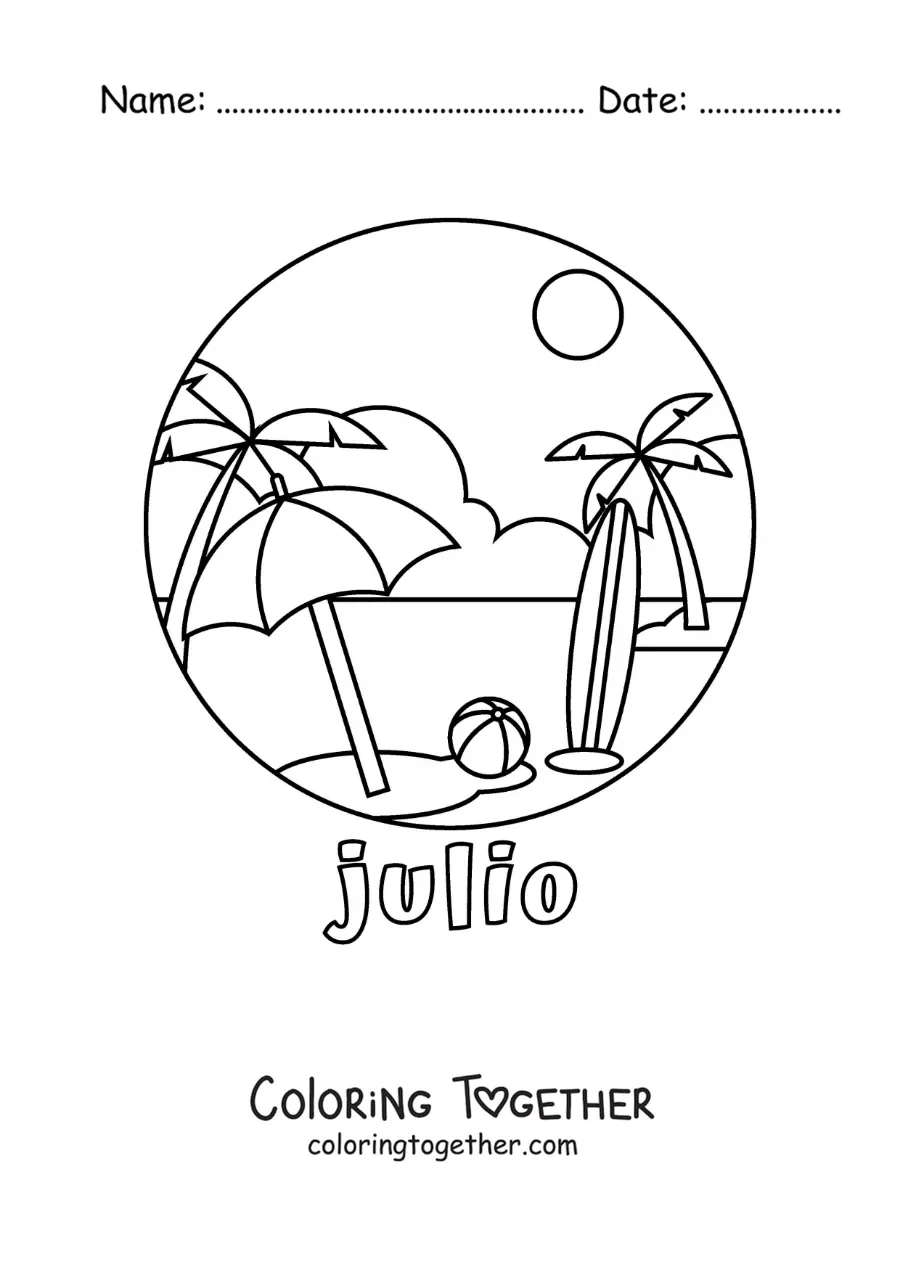 Coloring page of July with a beach landscape