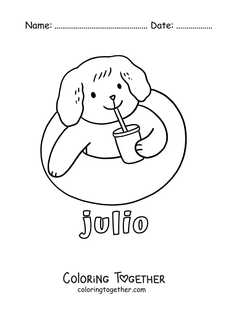 Coloring page of July with a cartoon dog in the pool having a drink