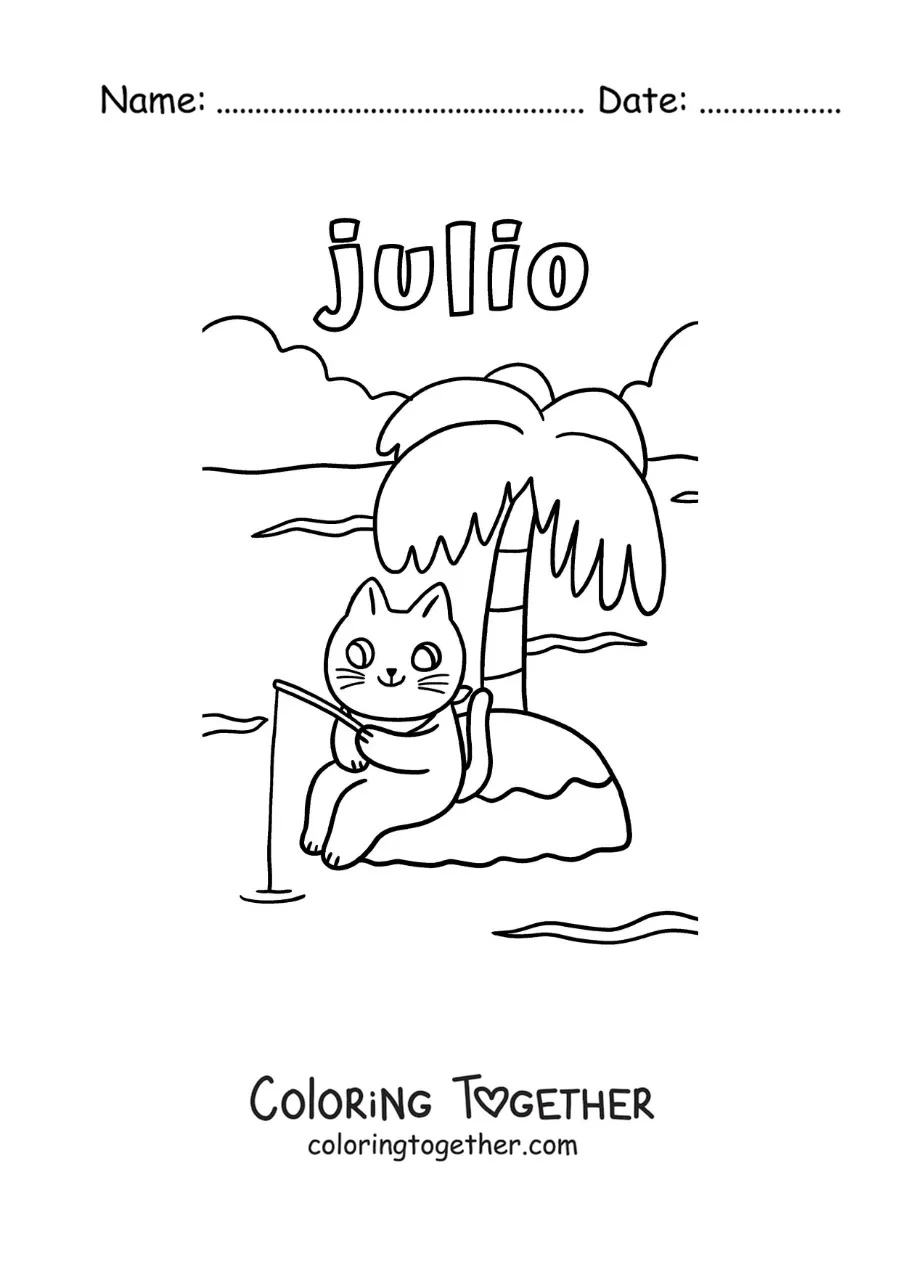 Coloring page of July with a cartoon cat fishing on an island