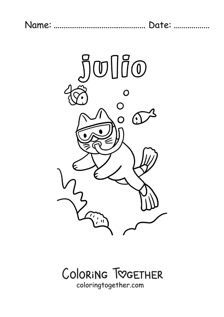 Coloring page of July with a cartoon cat diving