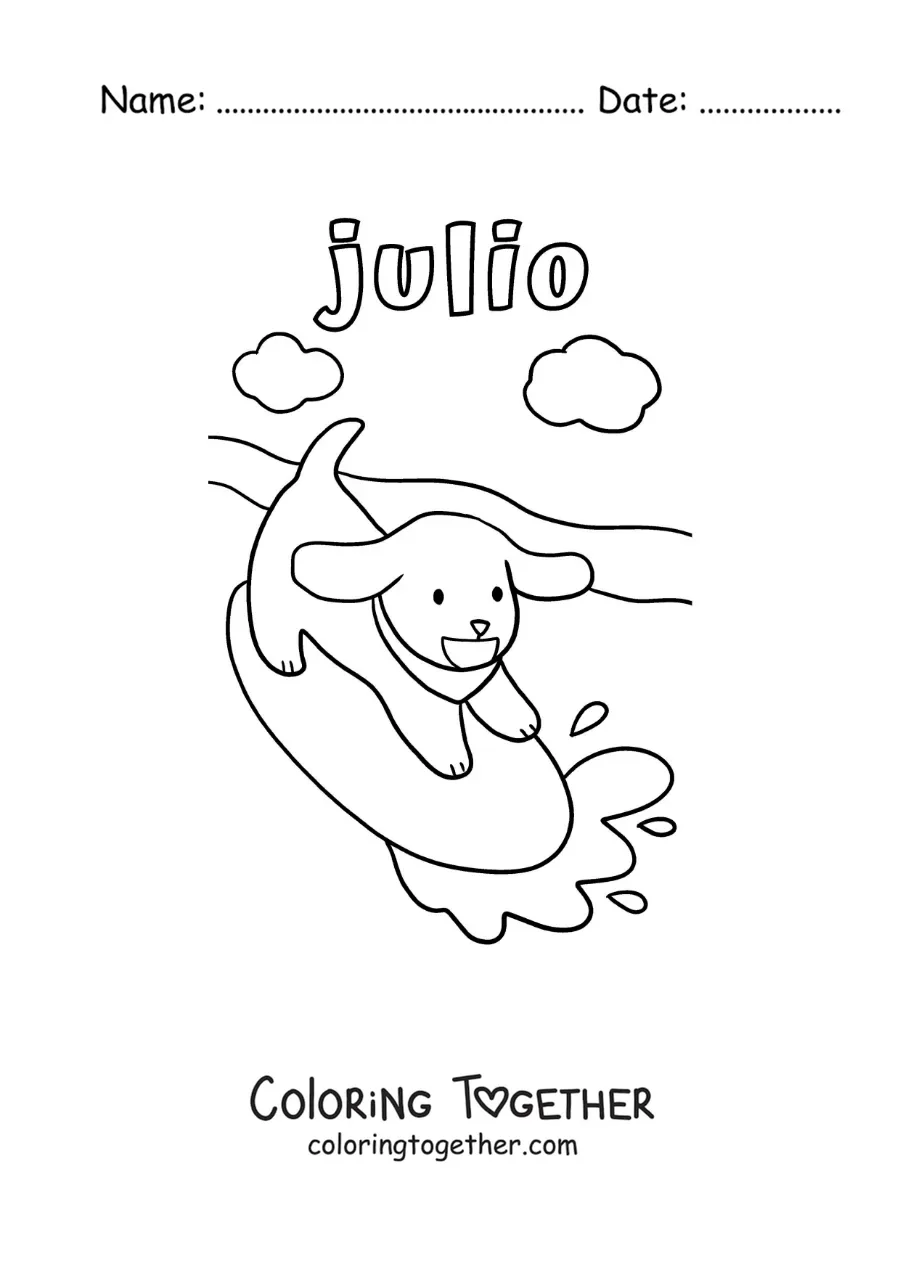 Coloring page of July with a cartoon dog surfing