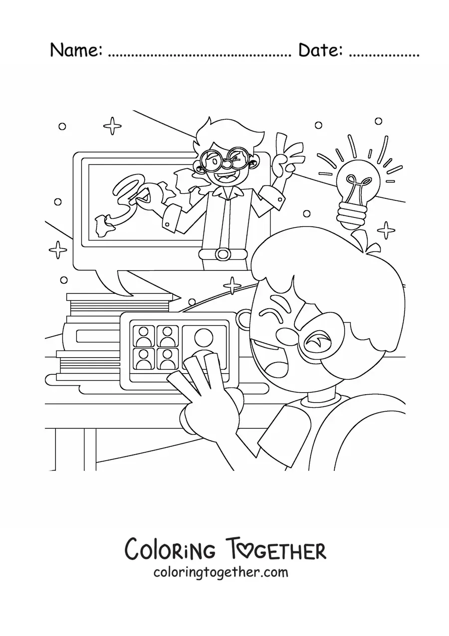 Coloring page of a student watching the teacher give a lesson on a laptop