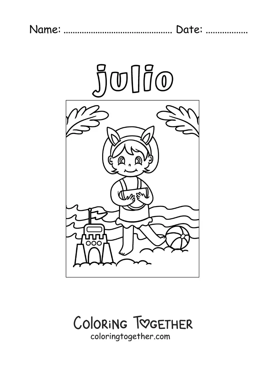 Coloring page of July with a girl at the beach building a sandcastle