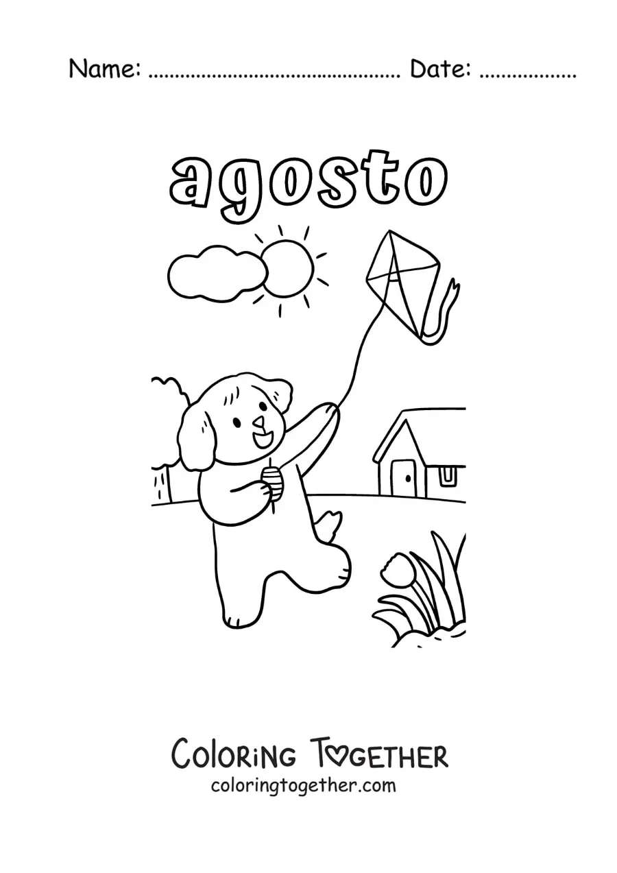 Coloring page of August with a cartoon dog flying a kite