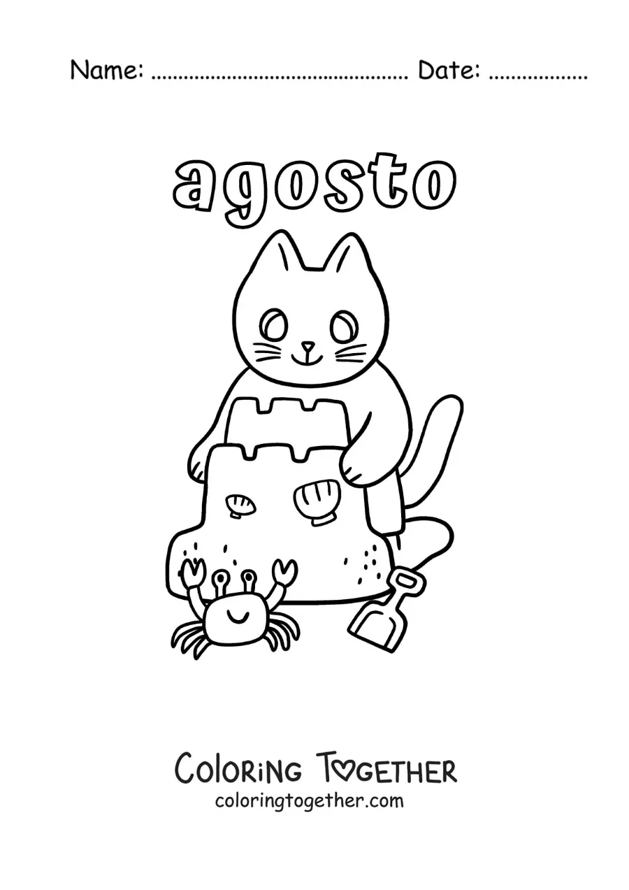 Coloring page of August with a cartoon cat building a sandcastle