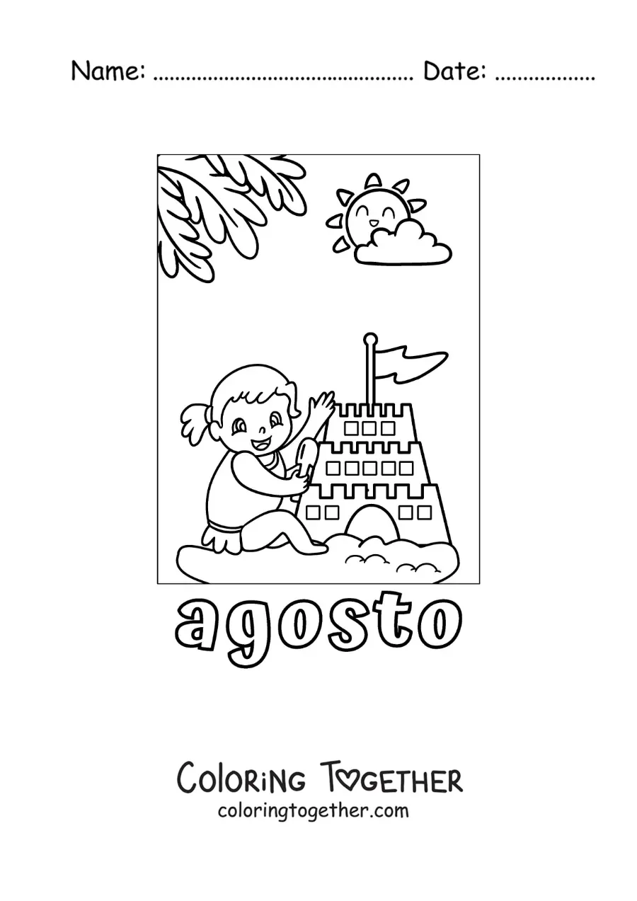 Coloring page of August with a girl on vacation building a sandcastle