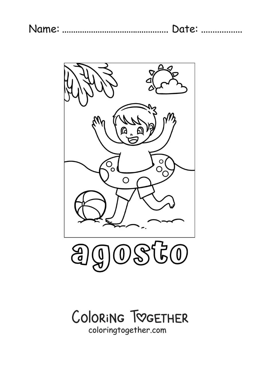 Coloring page of August with a boy playing at the beach