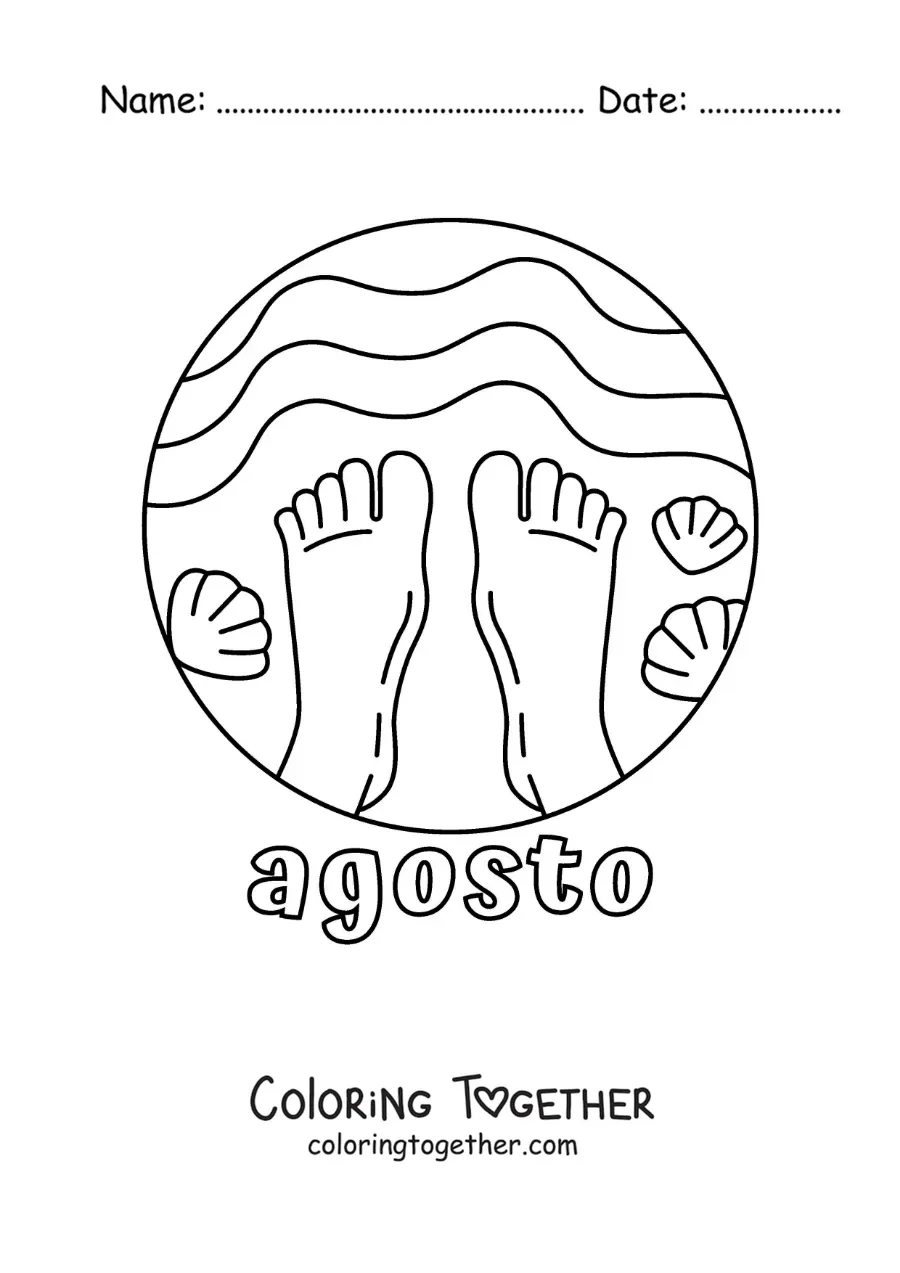 Coloring page of August with a pair of feet on the beach