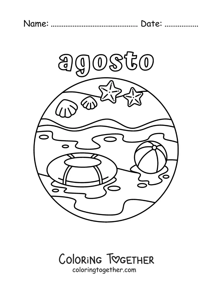 Coloring page of August with a summer beach landscape