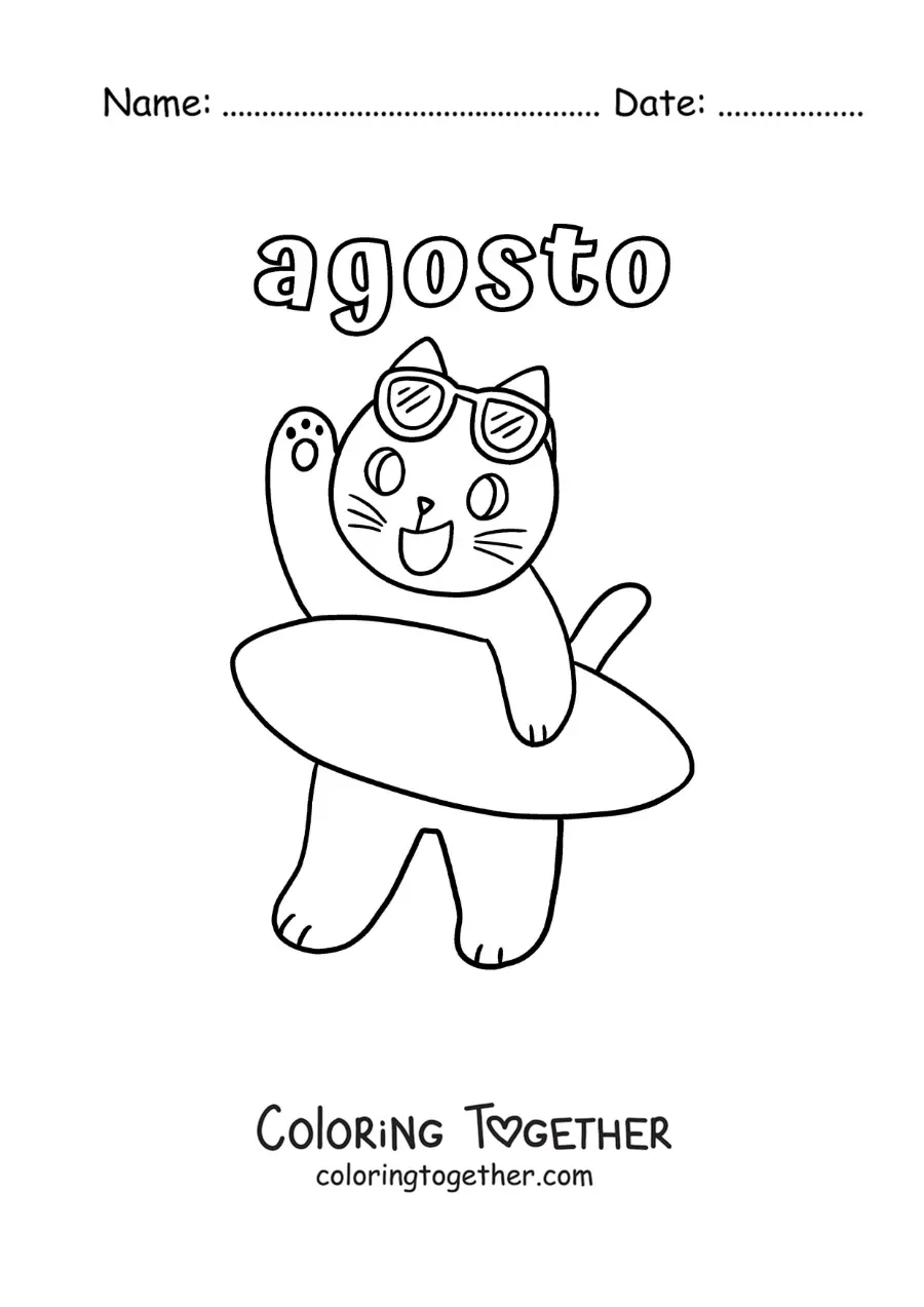 Coloring page of August with a cartoon cat holding a surfboard
