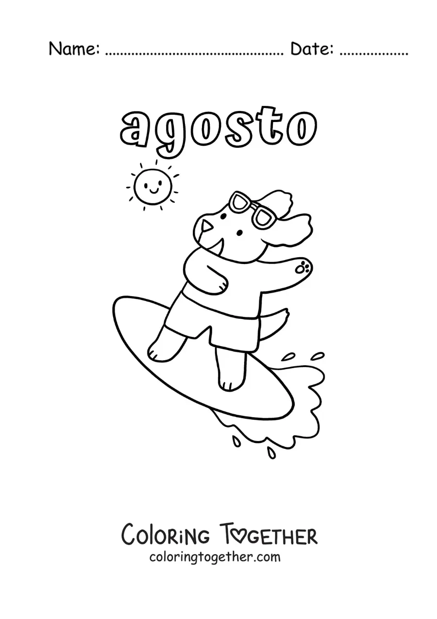 Coloring page of August with a cartoon dog surfing