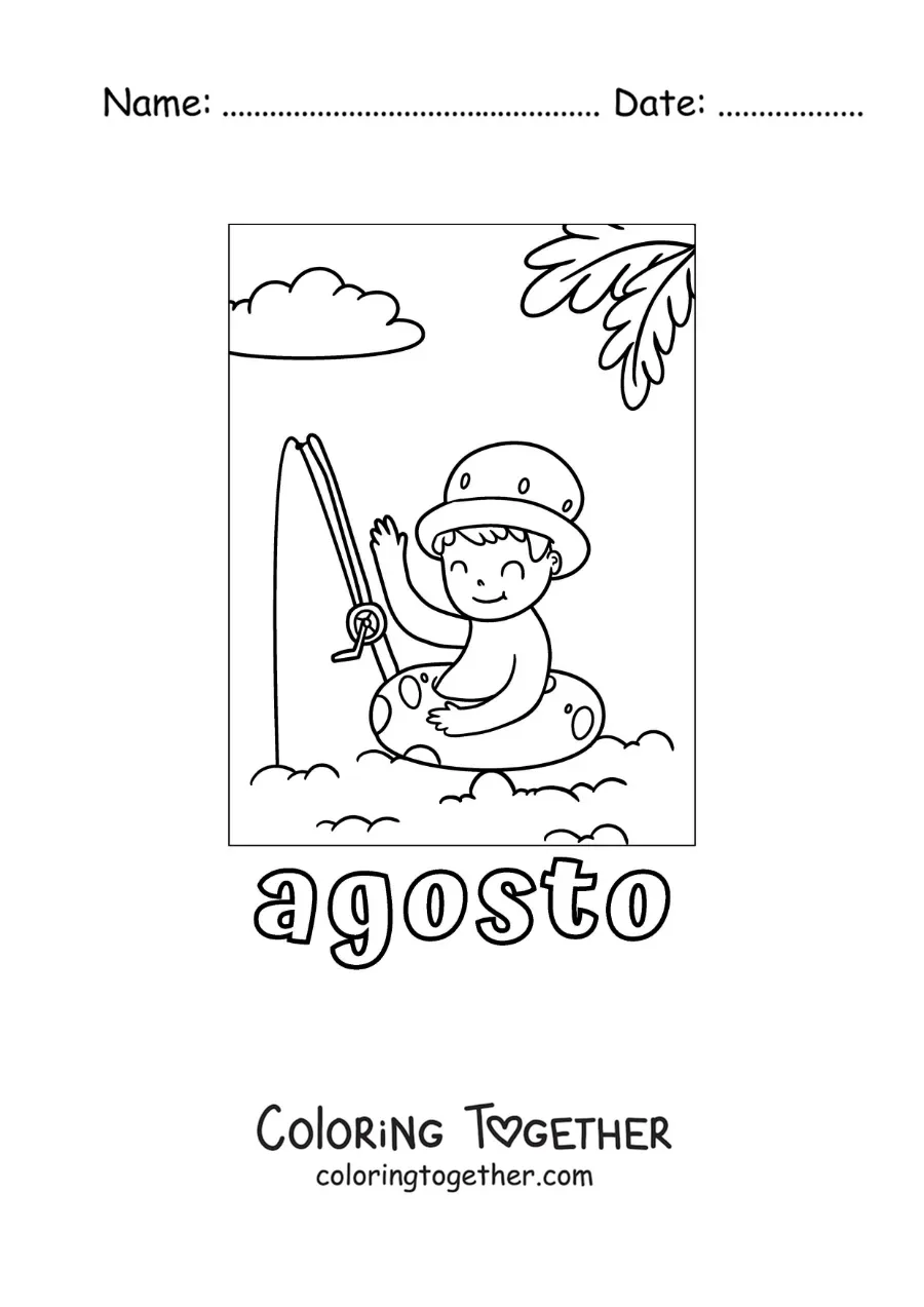 Coloring page of August with a boy on vacation fishing at the beach