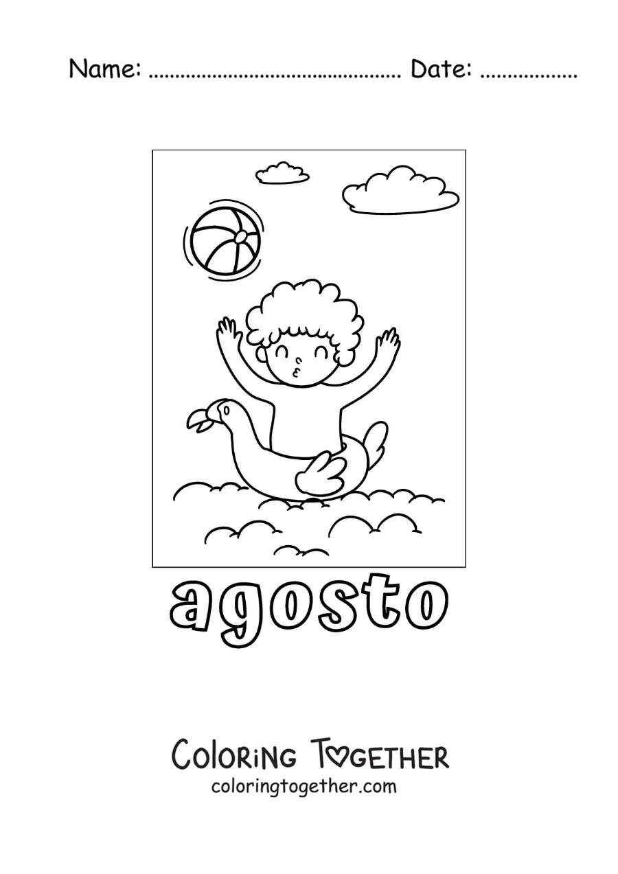 Coloring page of August with a boy on vacation playing in the pool