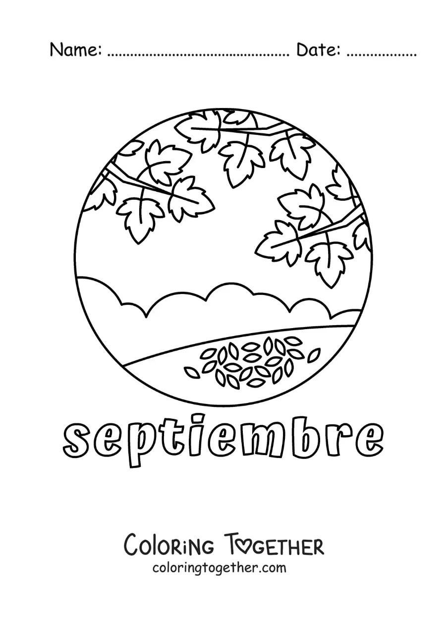 Coloring page of September with leaves falling in autumn