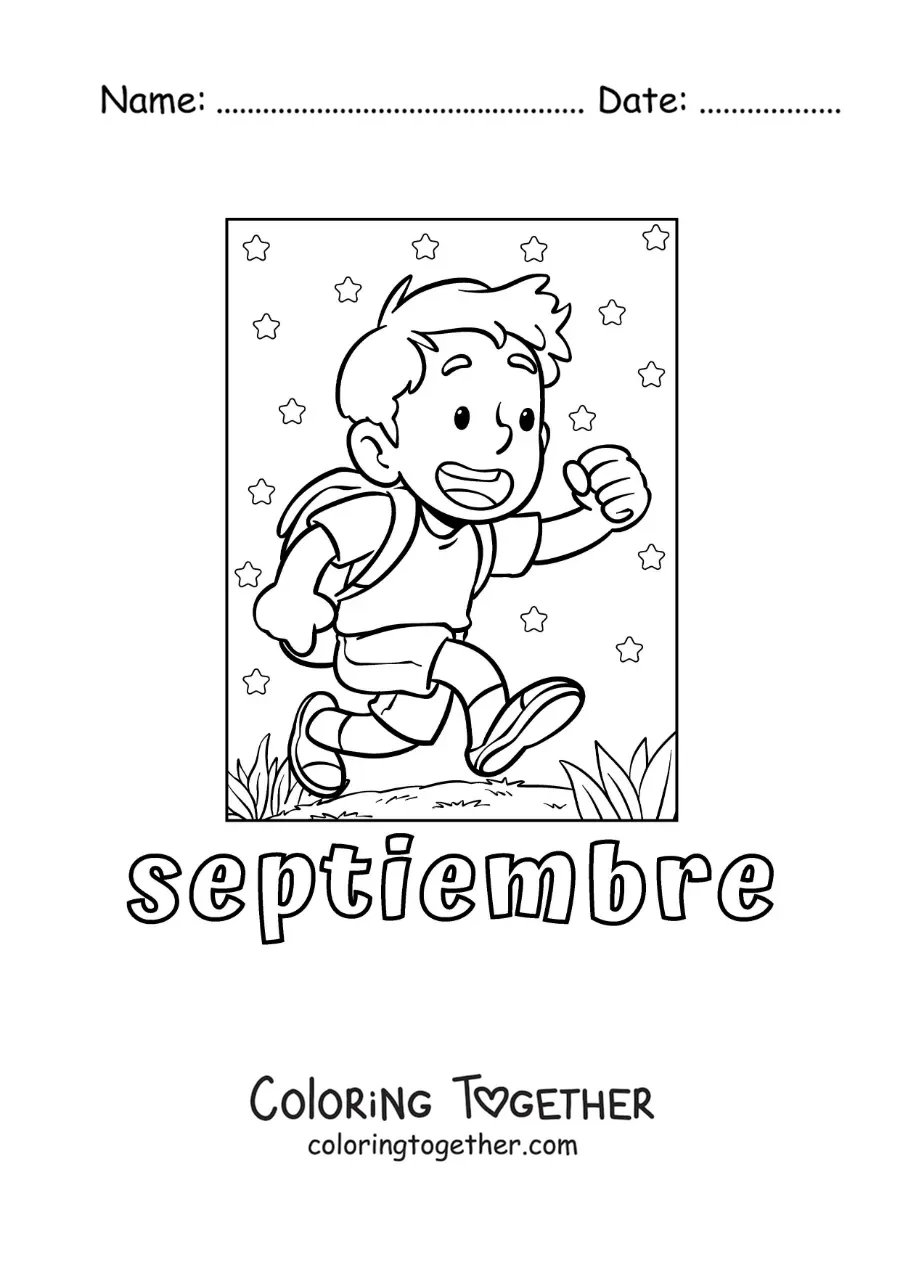 Coloring page of September with a child on the way to class