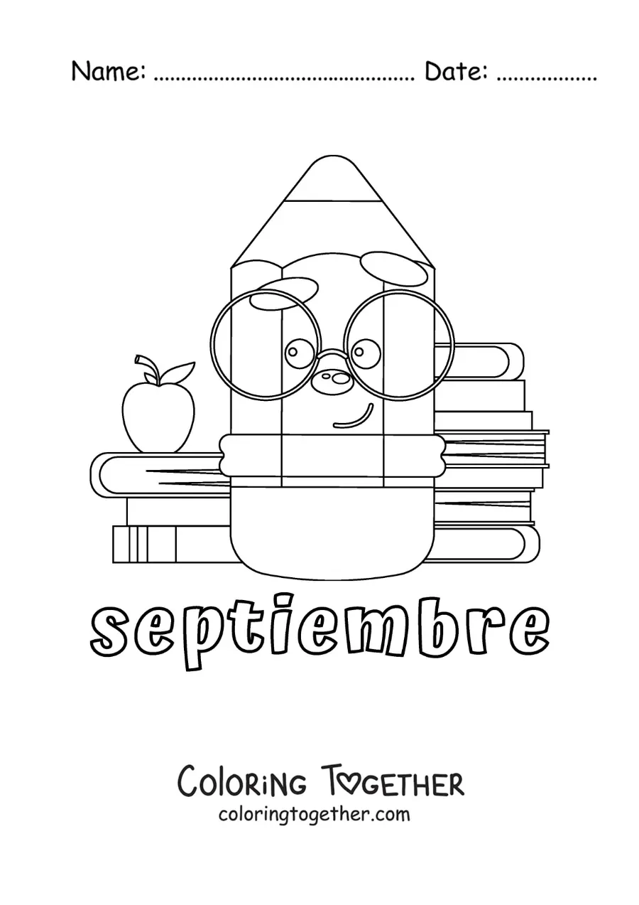Coloring page of September with a cartoon pencil and school supplies