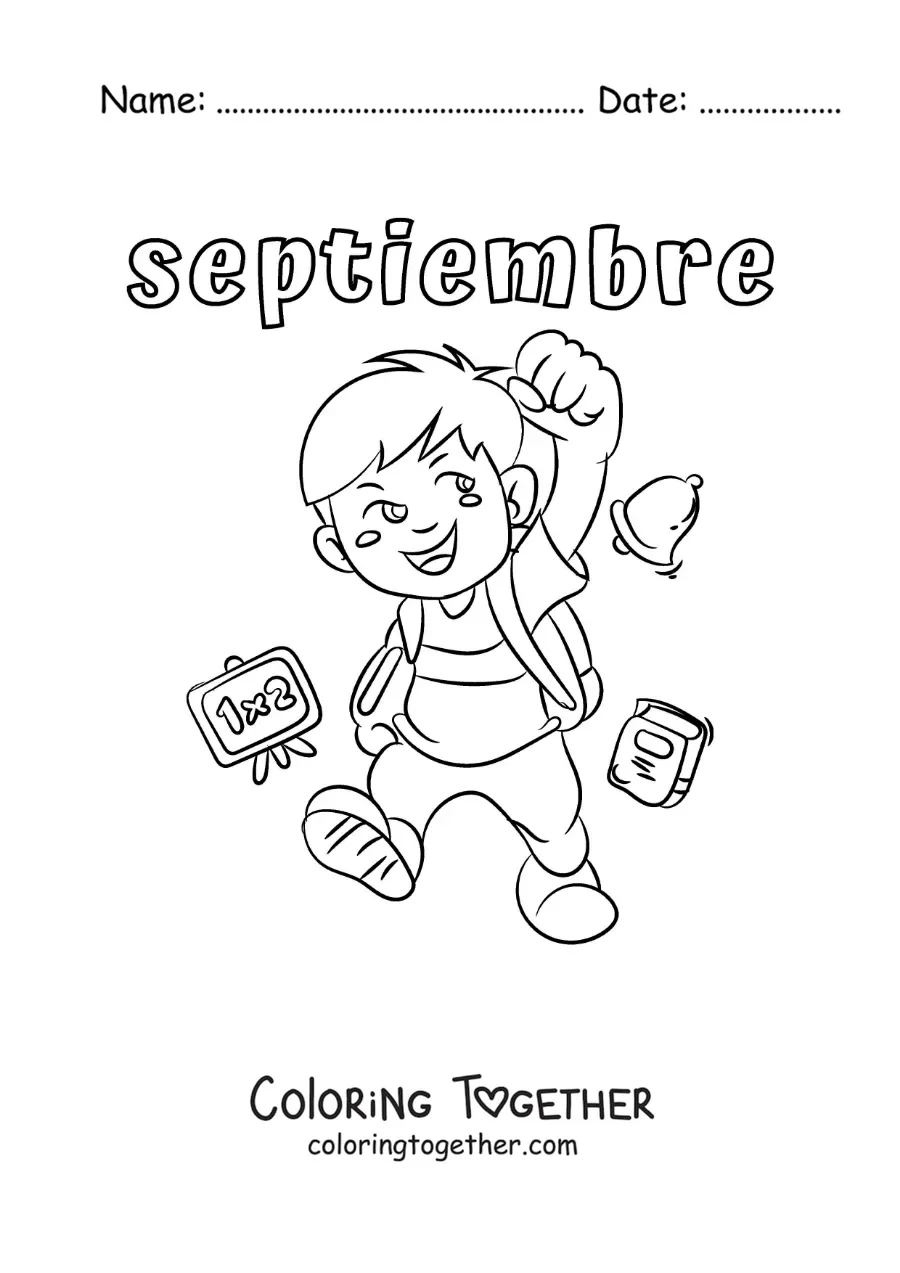 Coloring page of September with a child going back to school
