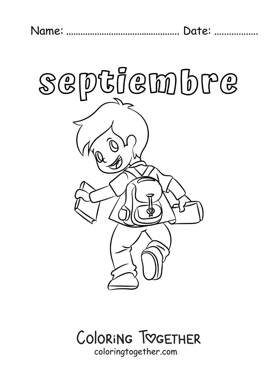 Coloring page of September with a child on the way to school