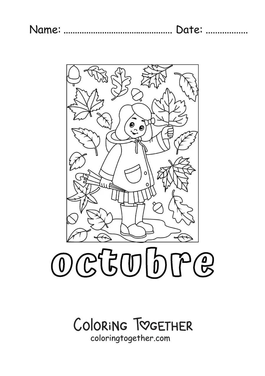 Coloring page of October with a girl among autumn leaves