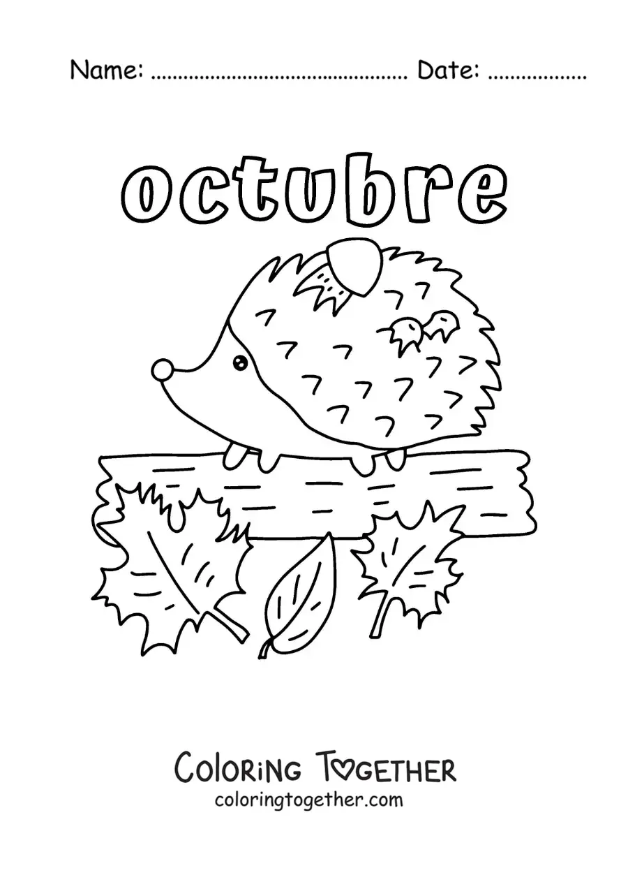 Coloring page of October with a porcupine among autumn leaves