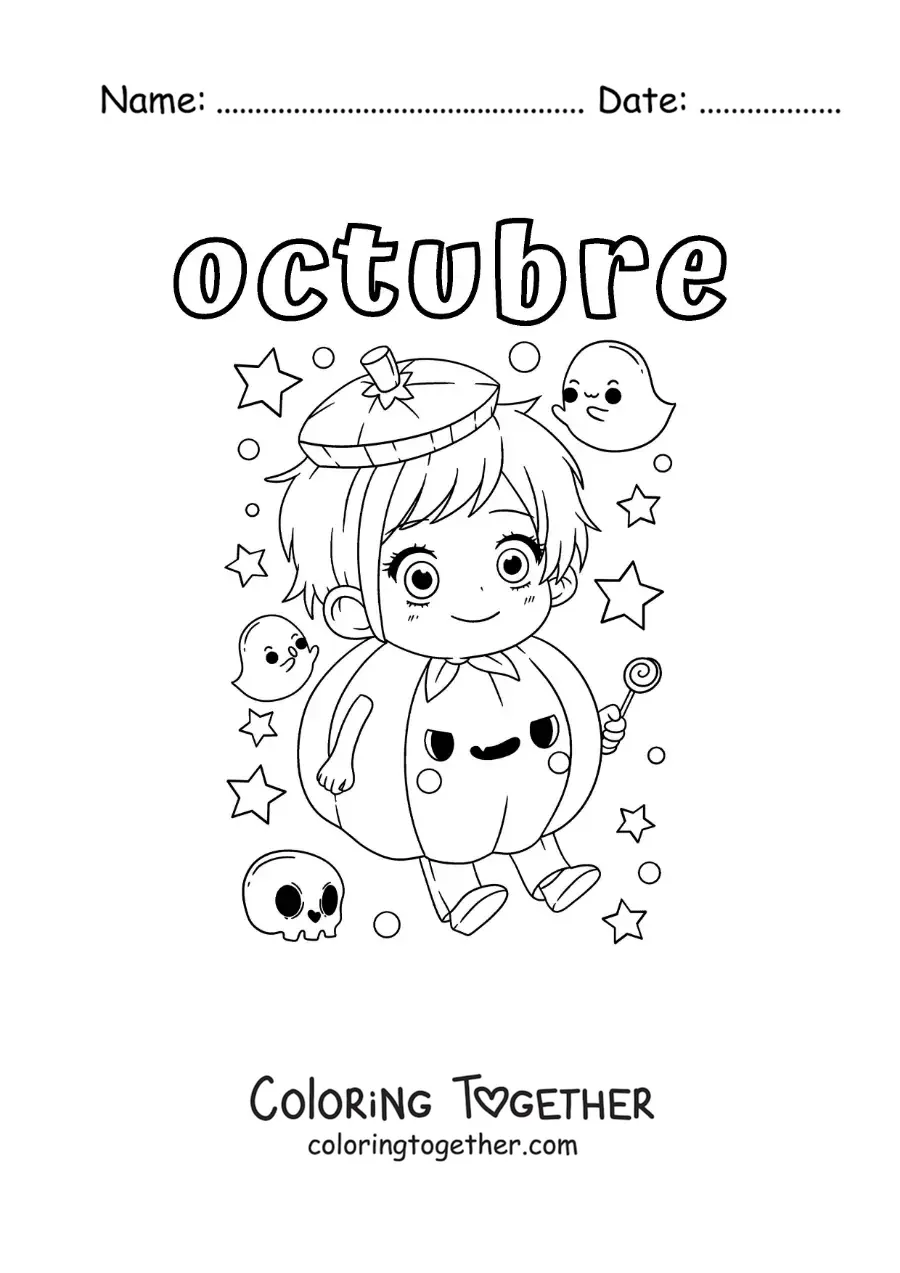 Coloring page of october with a child dressed as a kawaii Halloween pumpkin