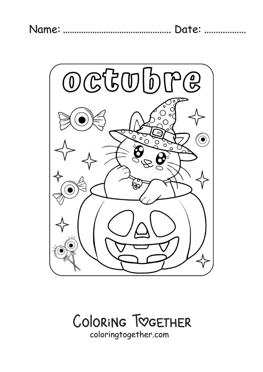 Coloring page of october with a kawaii cat inside a Halloween pumpkin