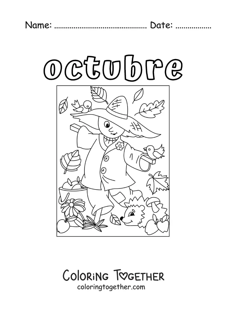 Coloring page of october with a cartoon autumn scarecrow