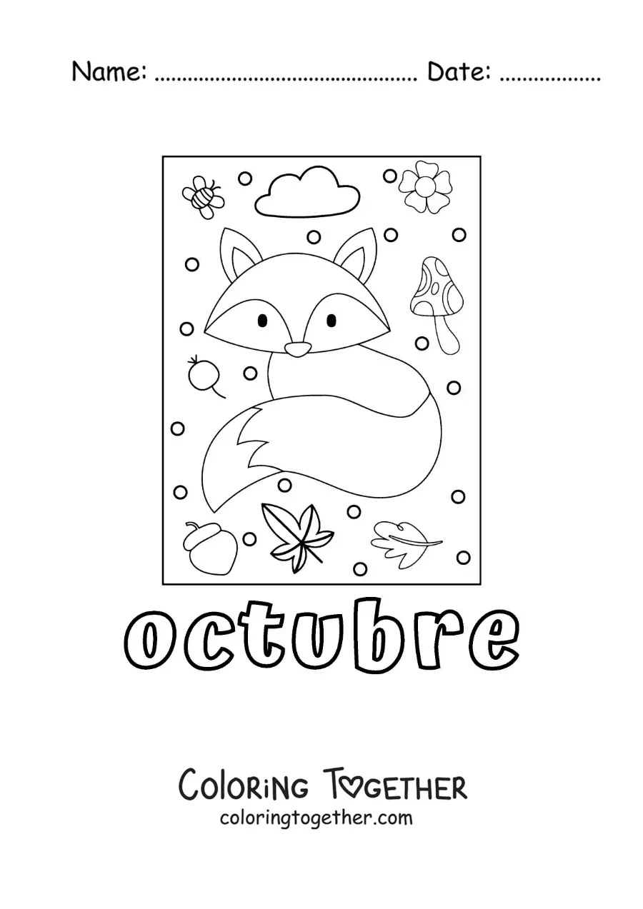 Coloring page of october with a fox among autumn leaves