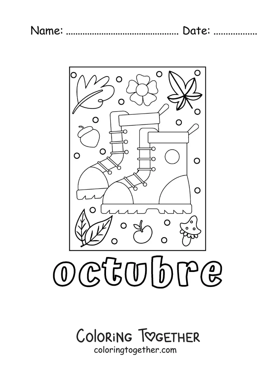 Coloring page of october with a pair of boots among autumn leaves