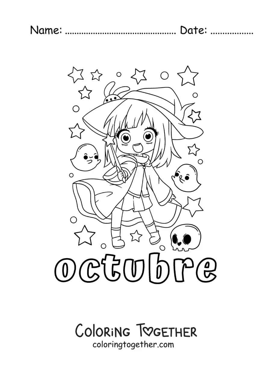 Coloring page of october with a girl dressed as a kawaii Halloween witch