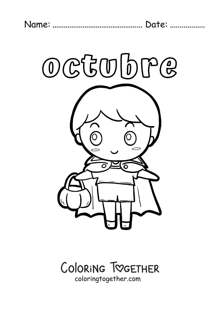 Coloring page of october with a cartoon boy dressed as a Halloween vampire