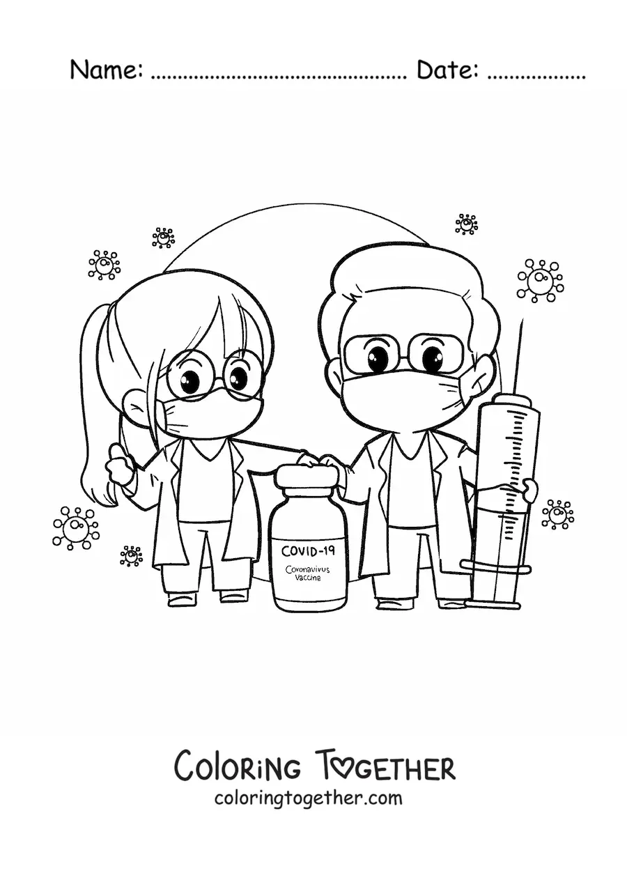 Coloring page of two cute kawaii cartoon doctors with the coronavirus vaccine