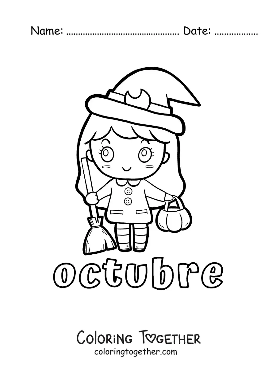 Coloring page of october with a cartoon girl dressed as a Halloween witch