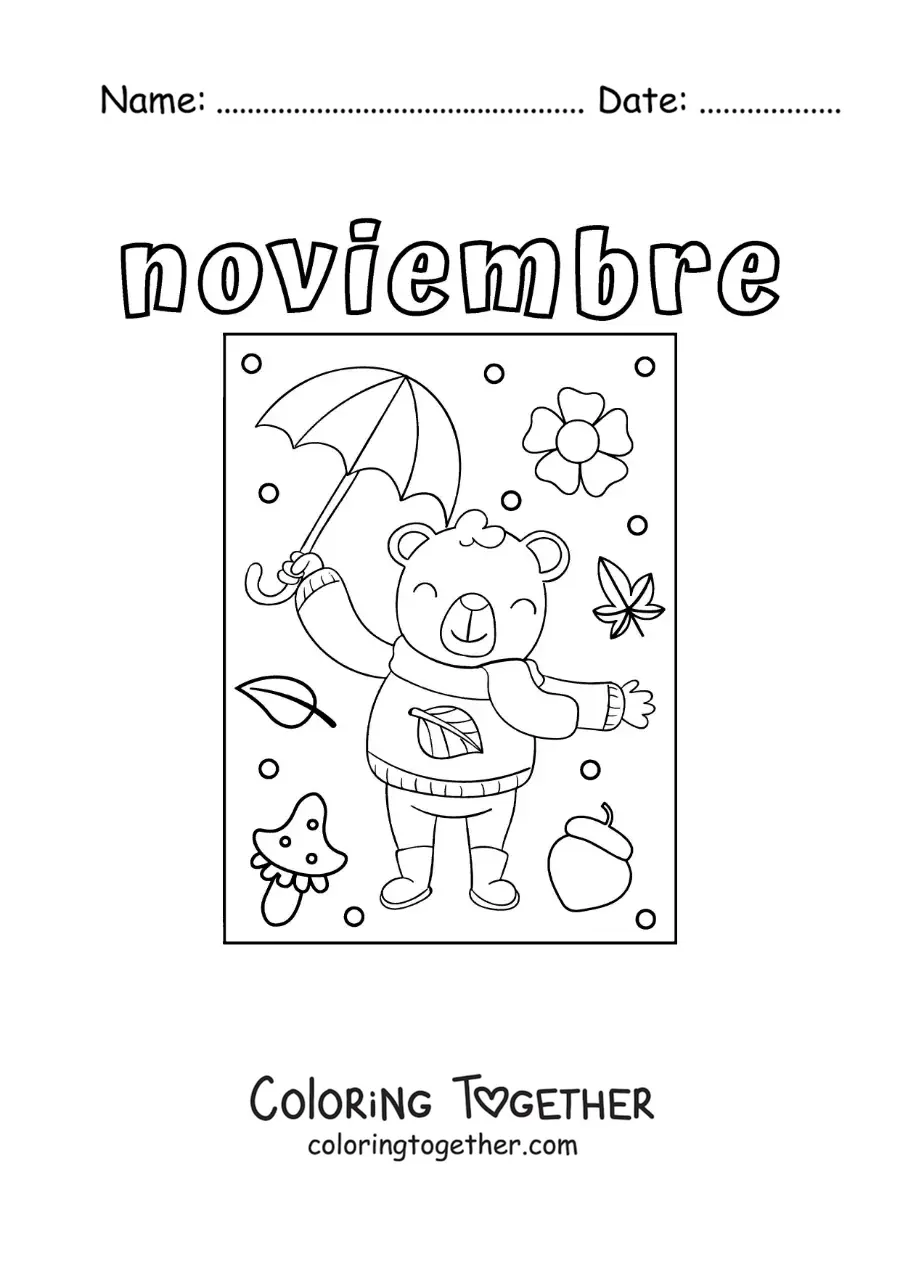 Coloring page of november with a cartoon bear in an autumn coat
