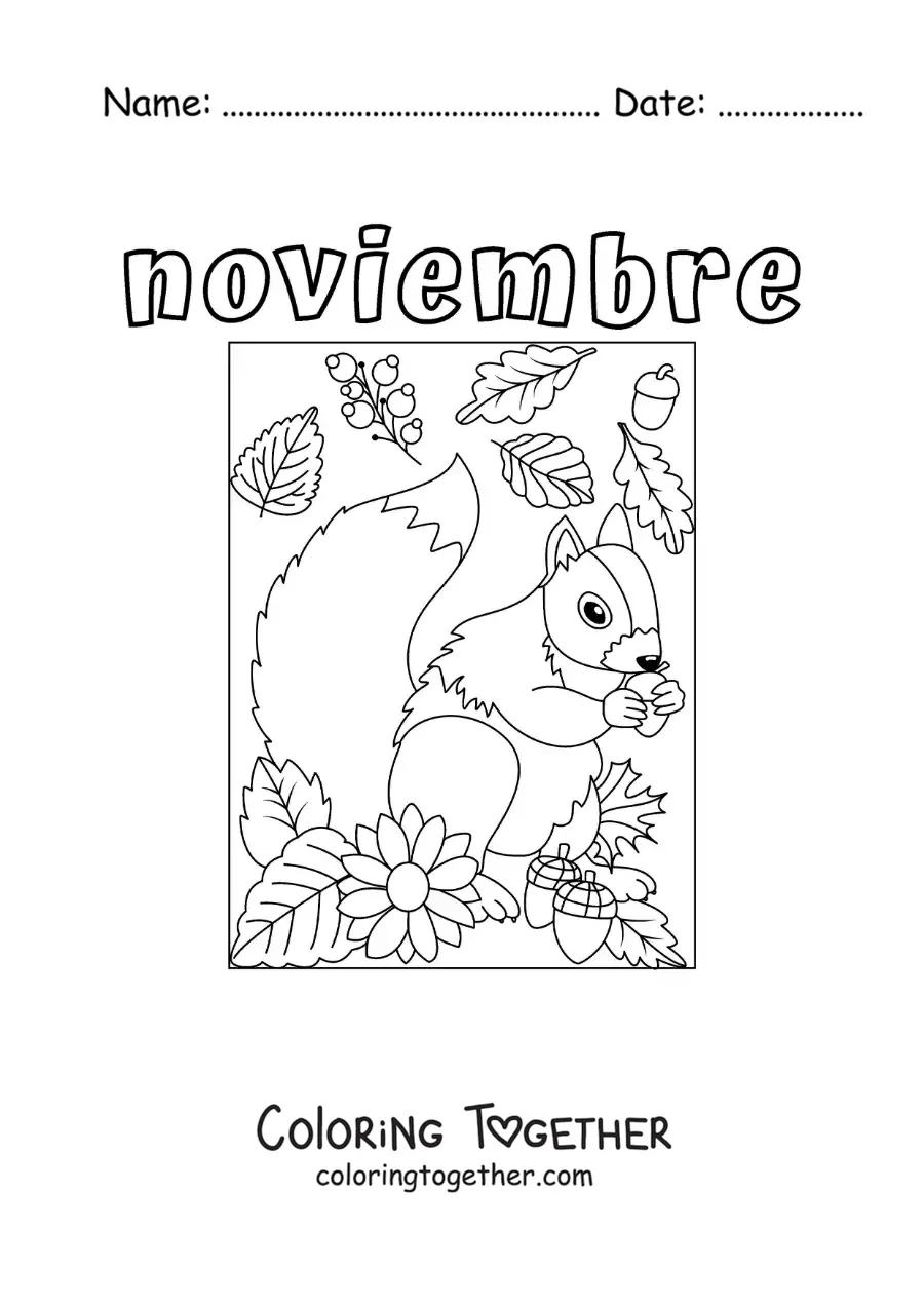 Coloring page of november with a squirrel among autumn leaves