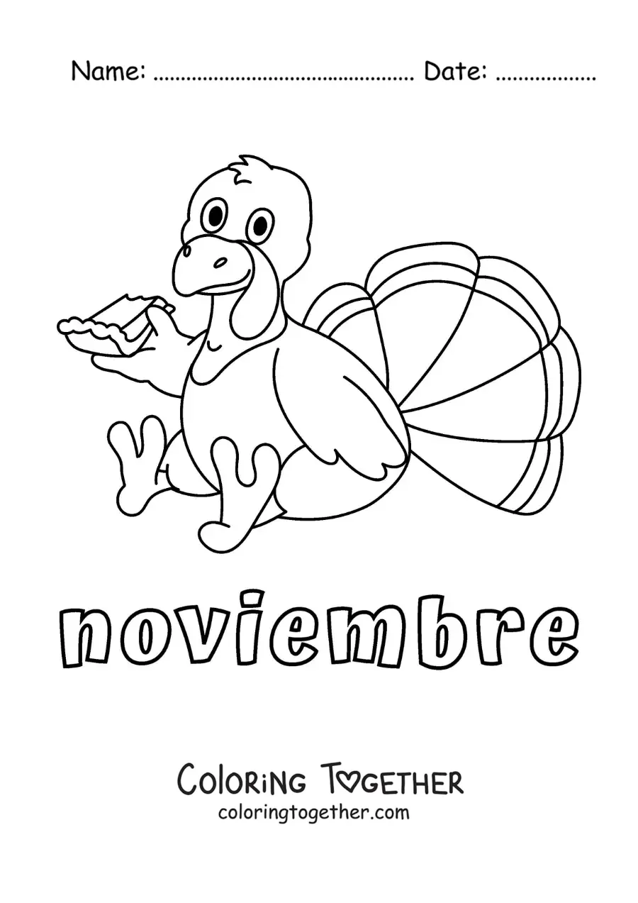 Coloring page of november with a cartoon Thanksgiving turkey