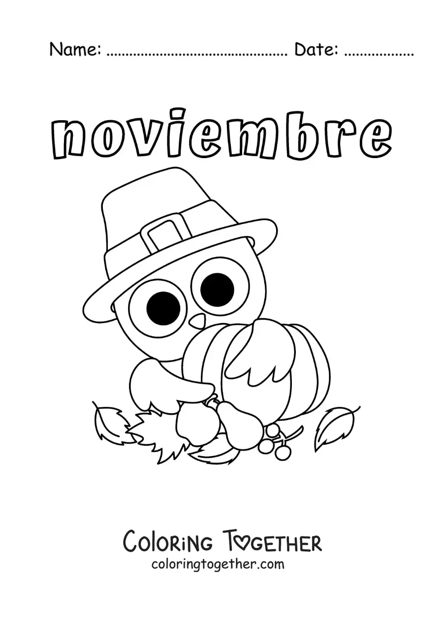 Coloring page of november with a cartoon Thanksgiving owl