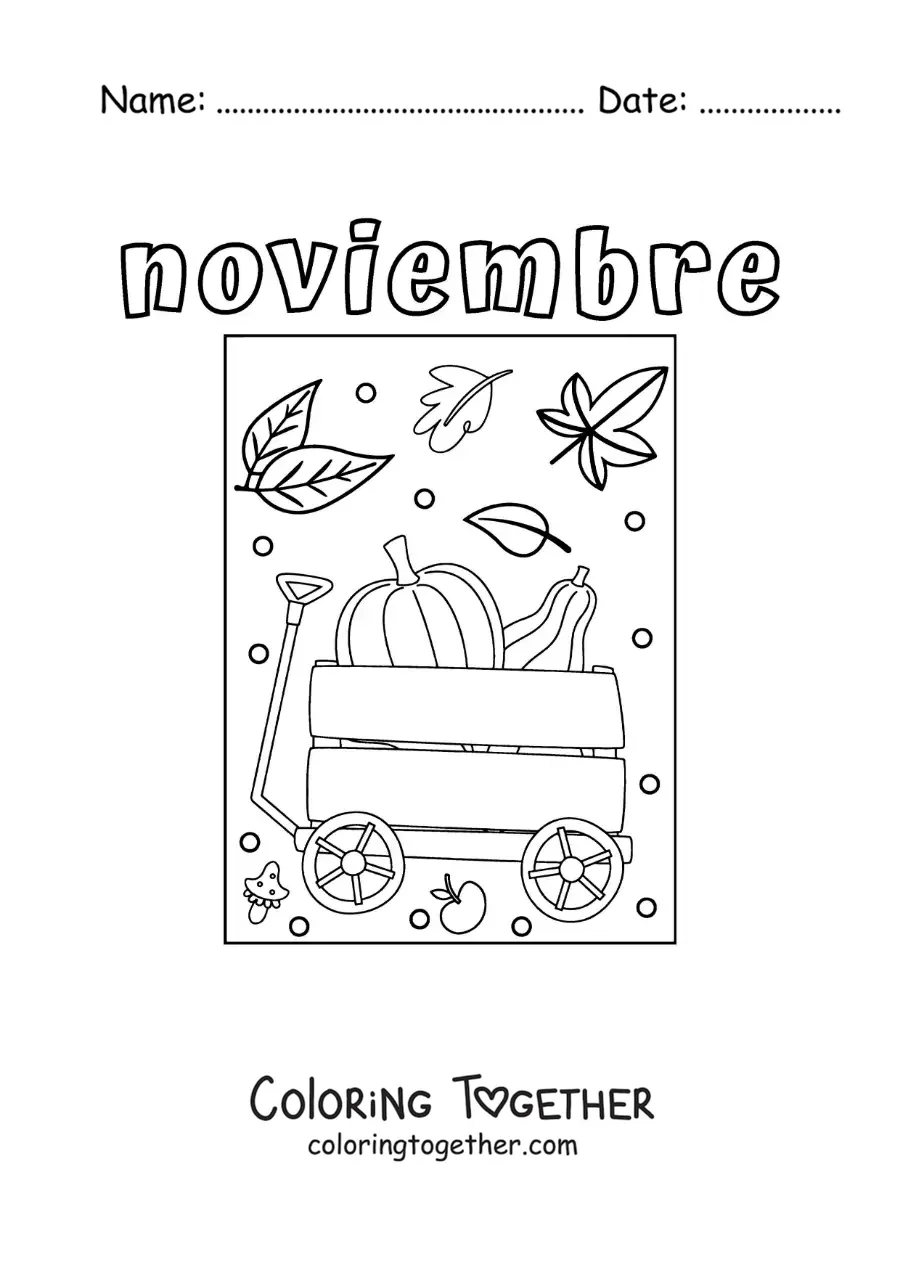 Coloring page of november with a cart full of autumn pumpkins