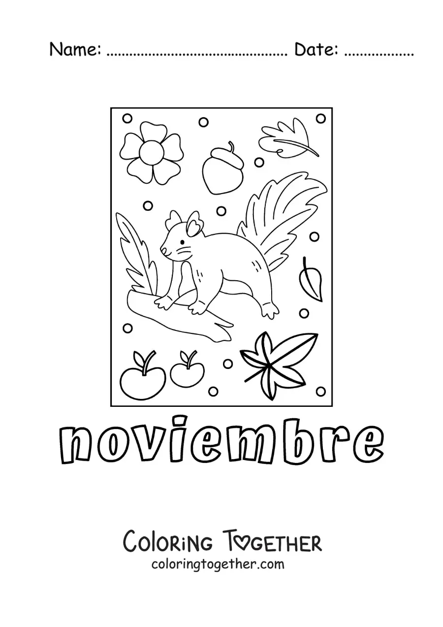 Coloring page of november with a cartoon squirrel and autumn leaves