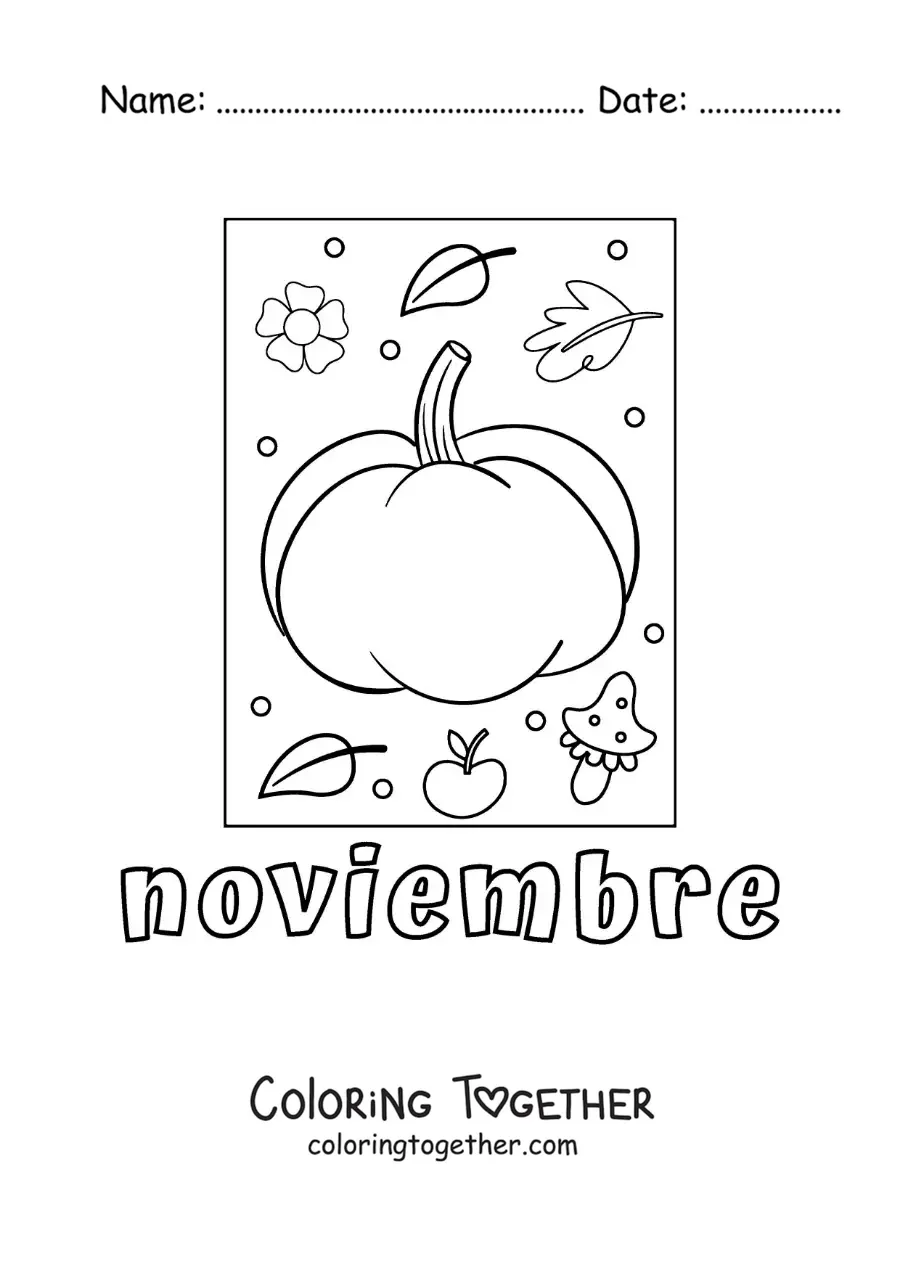 Coloring page of november with a pumpkin and autumn leaves