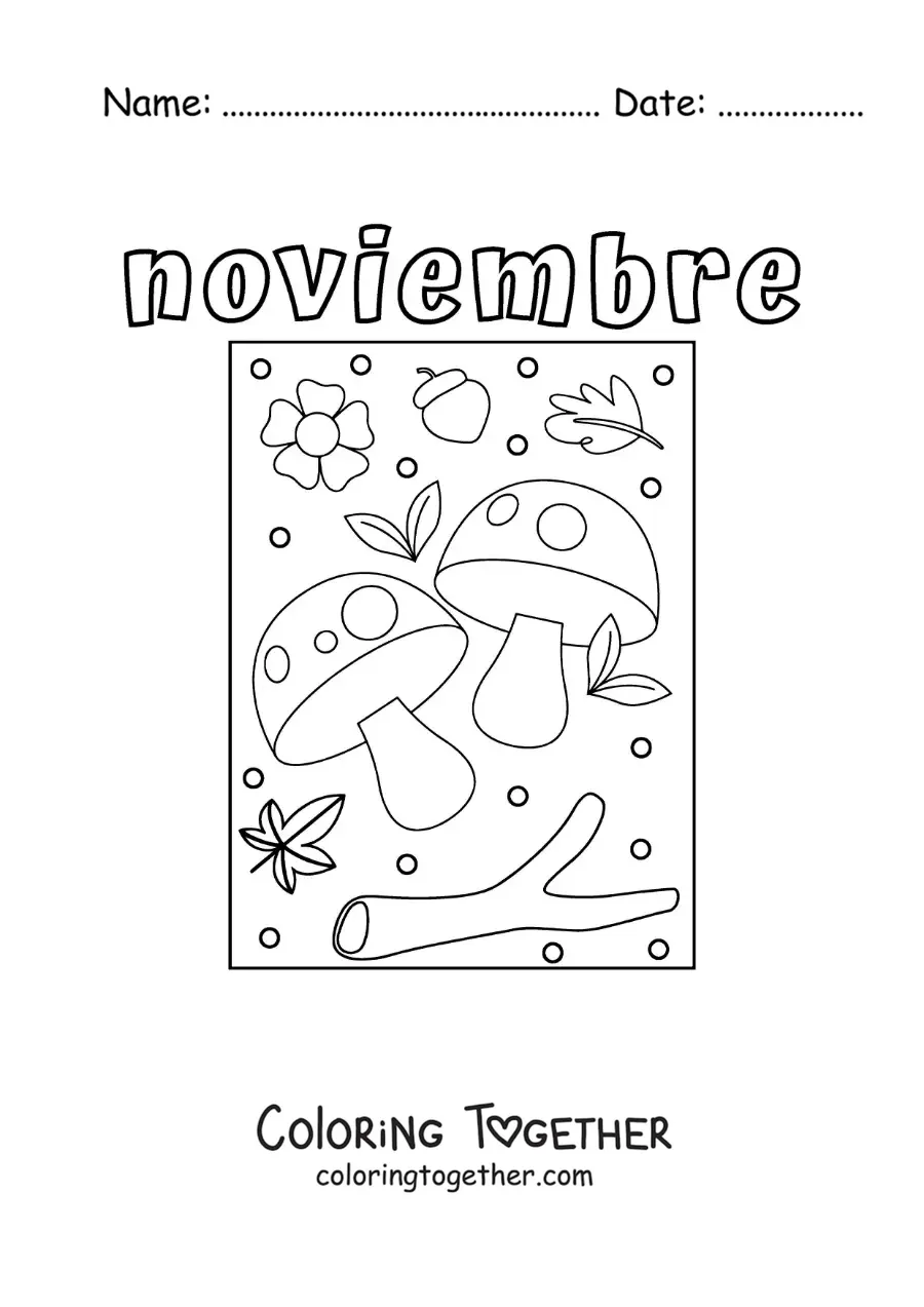 Coloring page of november with mushrooms and autumn leaves