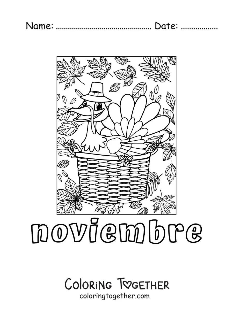 Coloring page of november with a cartoon Thanksgiving turkey