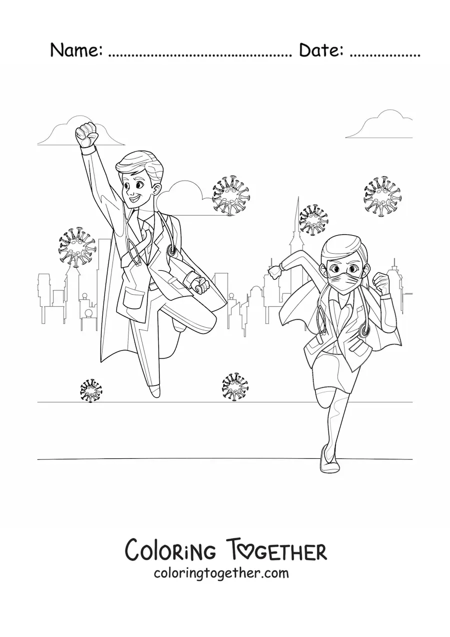 Coloring page of two superhero doctors fighting the coronavirus