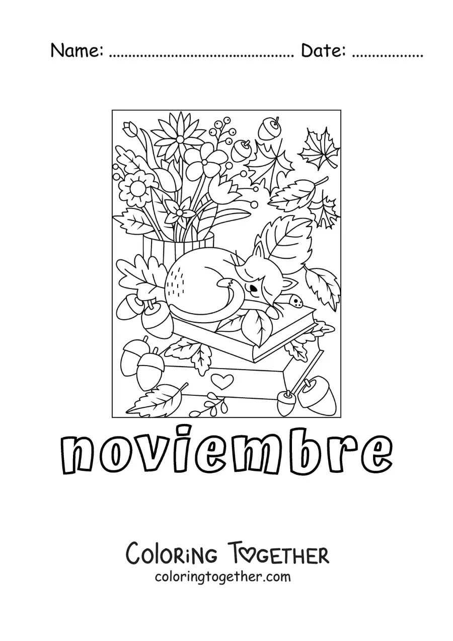 Coloring page of november with a cat sleeping on a stack of books in autumn