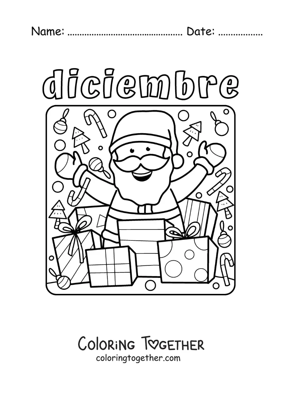 Coloring page of december with a cartoon Santa Claus carrying gifts
