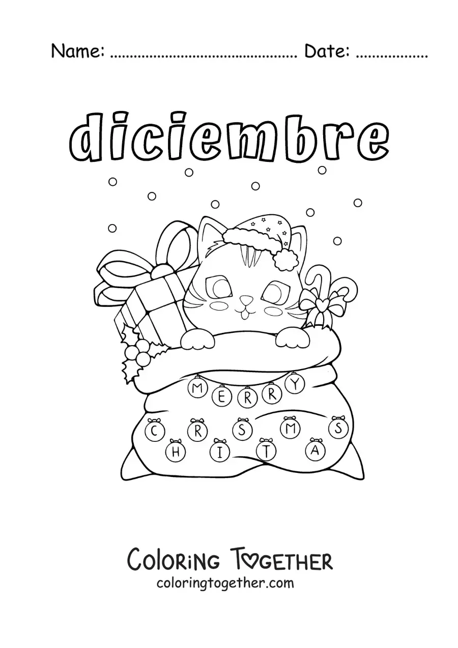Coloring page of december with a cartoon cat in a bag of gifts