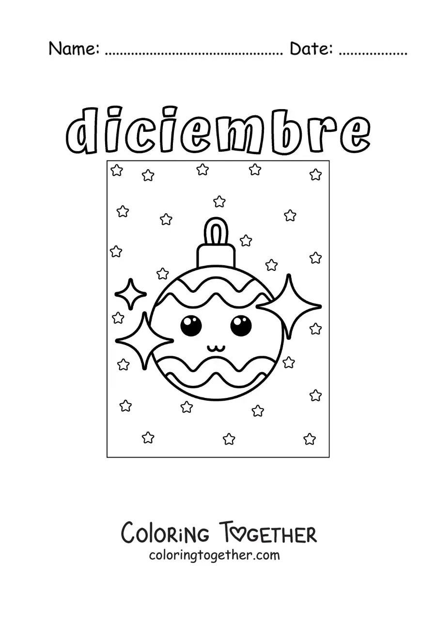 Coloring page of december with a cute kawaii cartoon Christmas ornament